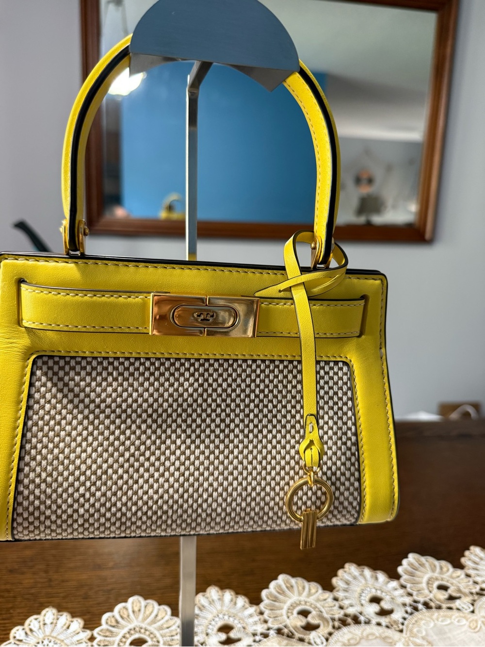 Tory Burch Yellow Leather-Trim Woven Top-Handle Bag